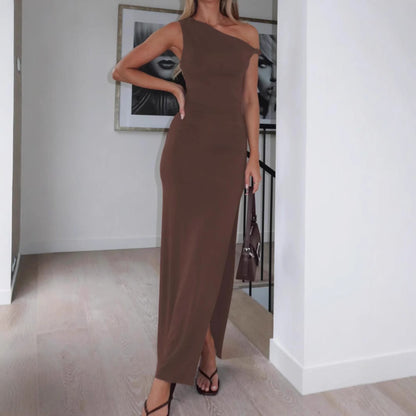 New One-shoulder Diagonal Collar Dress Sleeveless Lace-up